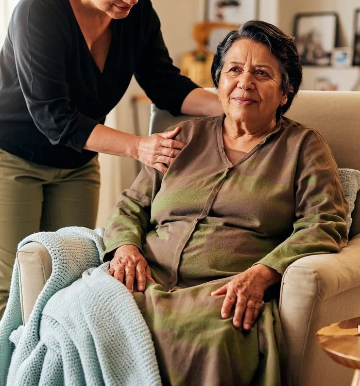 A carer helping an older woman settle comfortably in her armchair