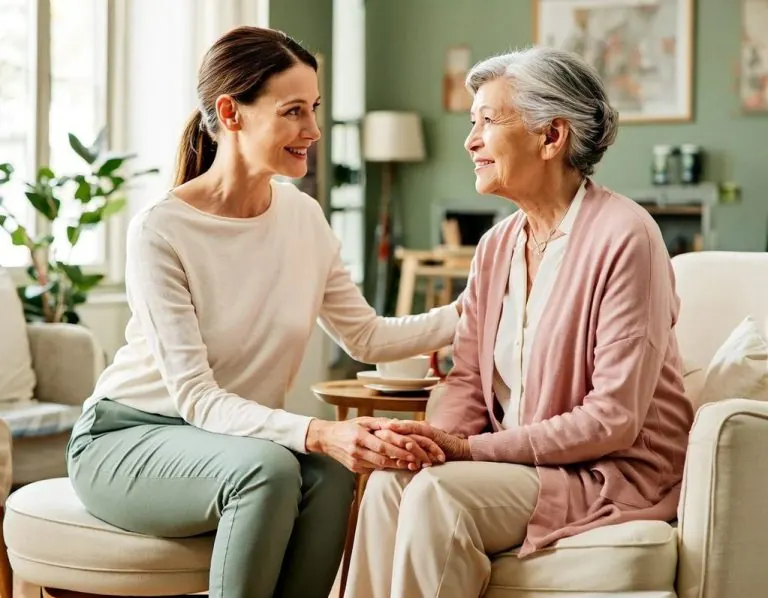A carer and an older woman holding hands and chatting on the sofa