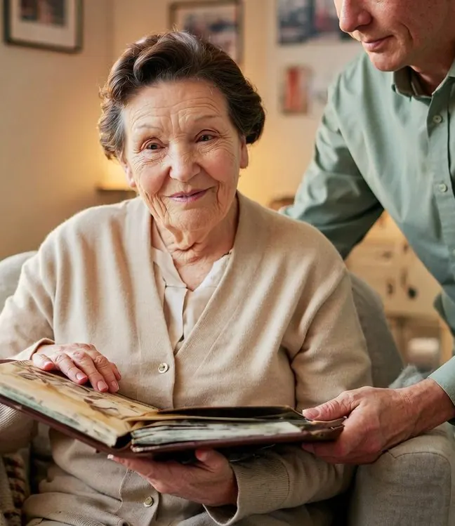An older woman looking through a photo album with a family member
