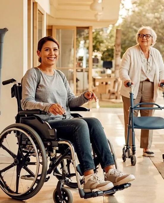 A woman in a wheelchair and an older woman with a walking frame out together